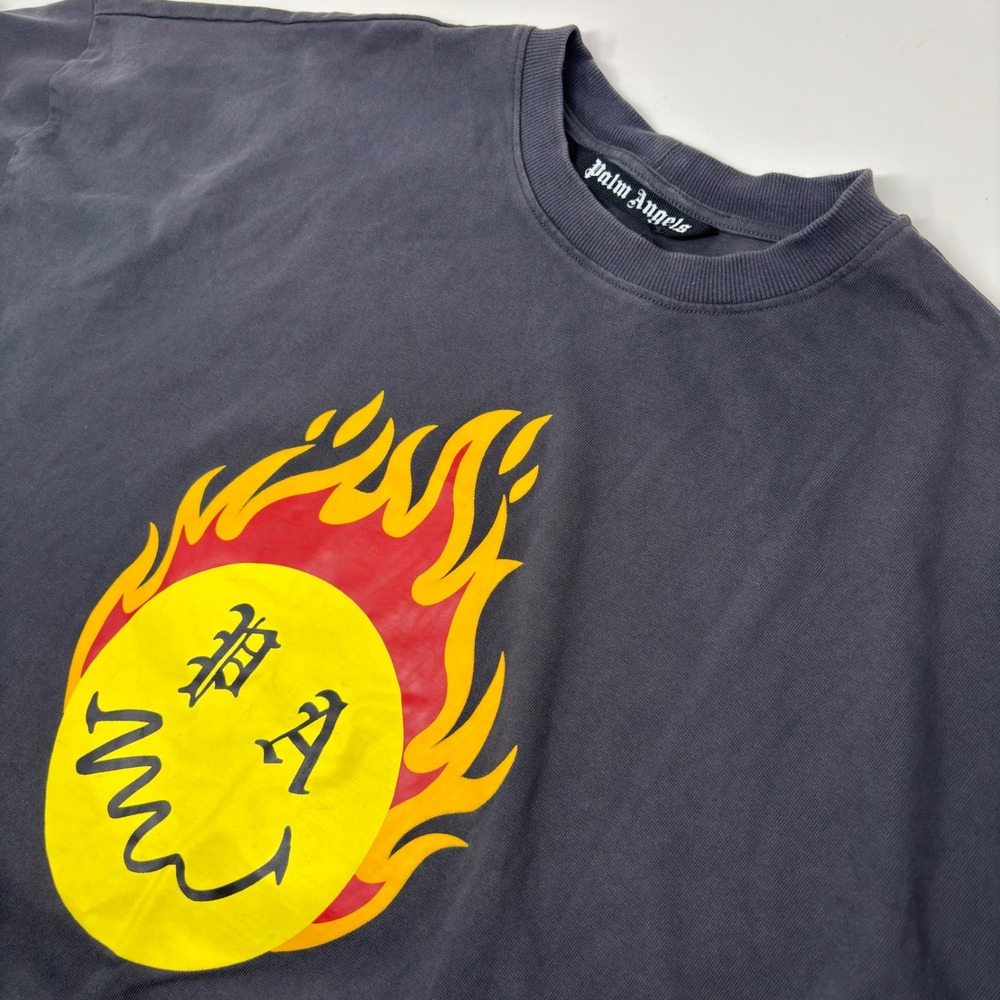 Palm Angels Burning Head Smiley Happy T Shirt Black L Back Logo Made Italy - Picture 1 of 6